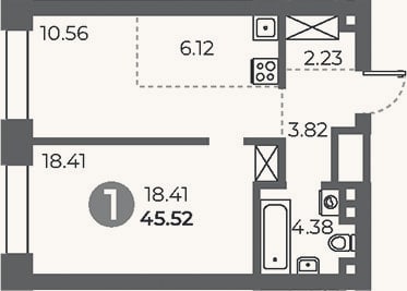 Планировка: 1-к, 45,5 м²