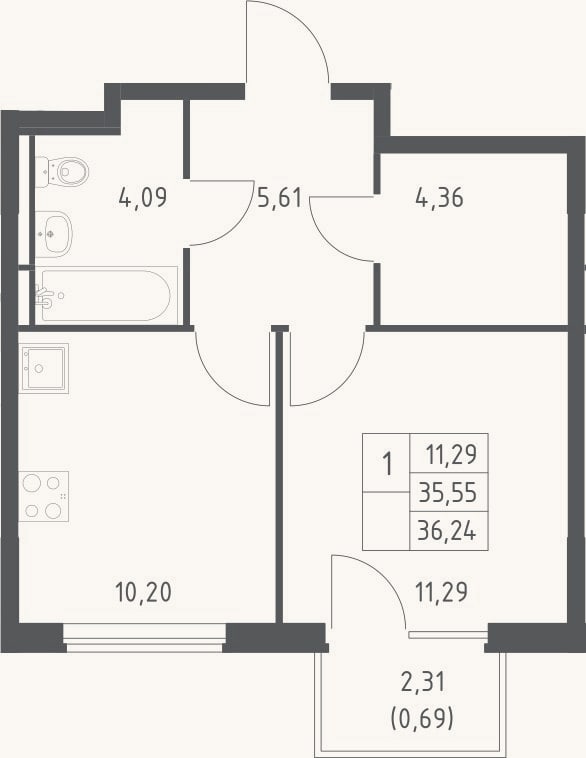 Планировка: 1-к, 35,6 м²
