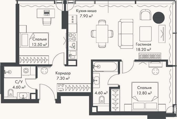 Планировка: 3-к, 67,9 м²