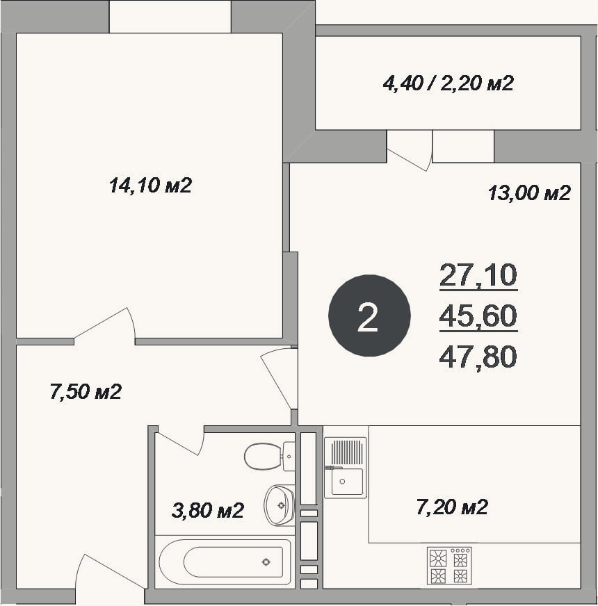 Планировка: 2-к, 45,6 м²