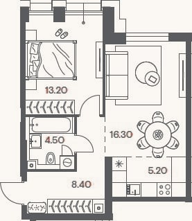 Планировка: 2-к, 47,6 м²