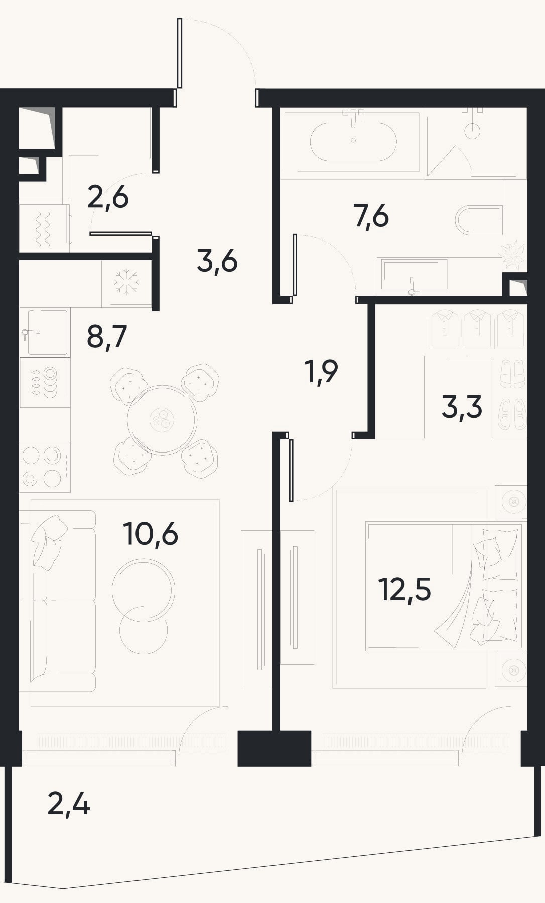 Планировка: 2-к, 48,6 м²