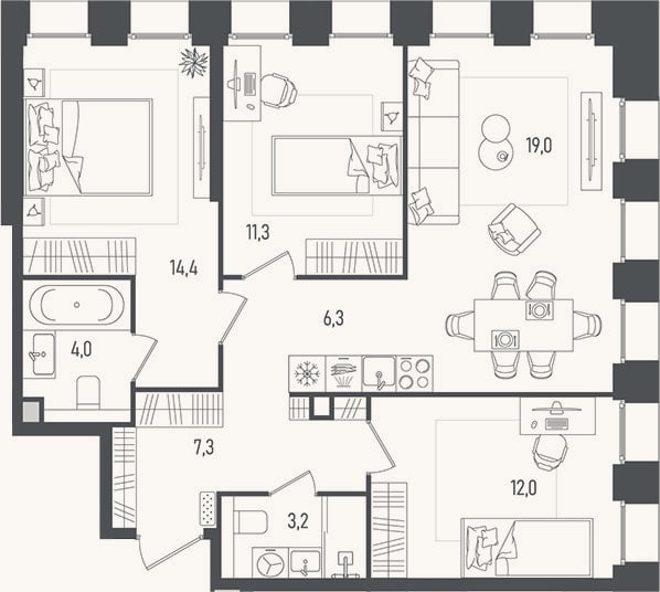 Планировка: 4+ к, 77,5 м²