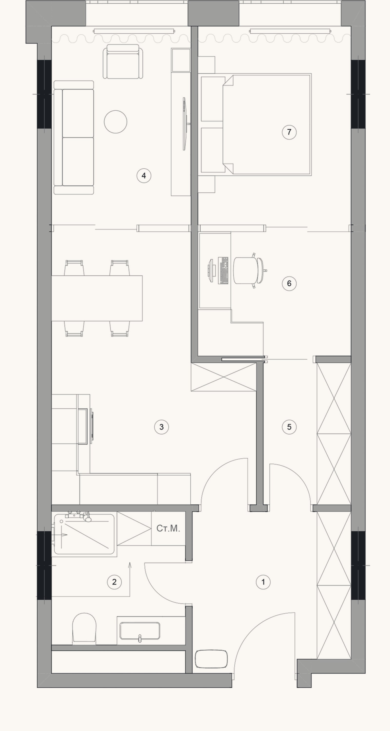 Планировка: 2-к, 57,5 м²