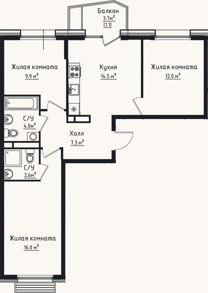 Планировка: 3-к, 66,3 м²