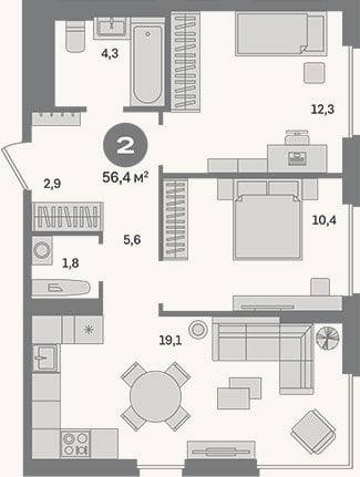 Планировка: 2-к, 56,4 м²
