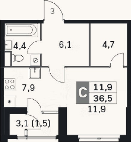 Планировка: Студия, 32,9 м²