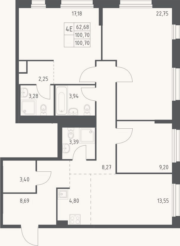 Планировка: 4+ к, 100,7 м²