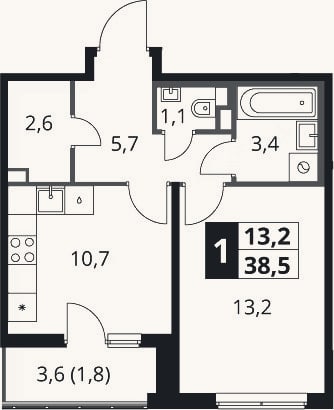 Планировка: 1-к, 36,7 м²