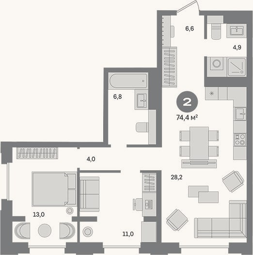 Планировка: 2-к, 74,4 м²