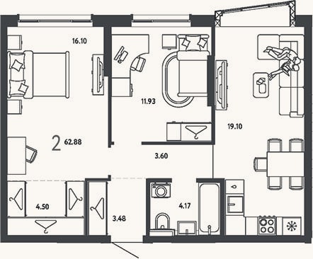 Планировка: 2-к, 62,9 м²