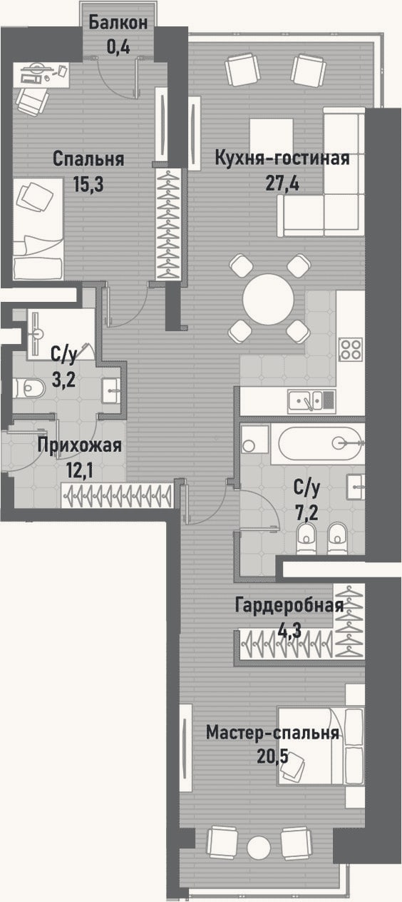 Планировка: 3-к, 93,2 м²