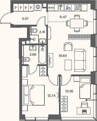 Планировка: 3-к, 61,1 м²