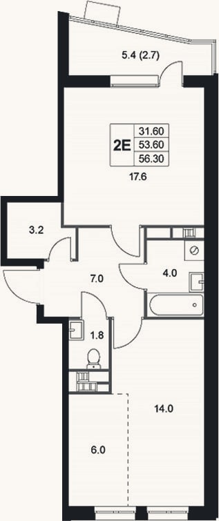 Планировка: 2-к, 53,6 м²
