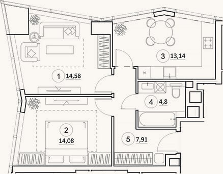 Планировка: 2-к, 54,5 м²