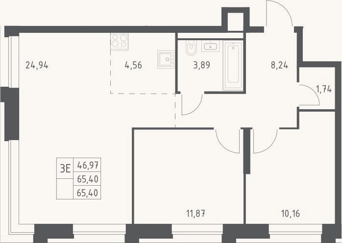 Планировка: 3-к, 65,4 м²