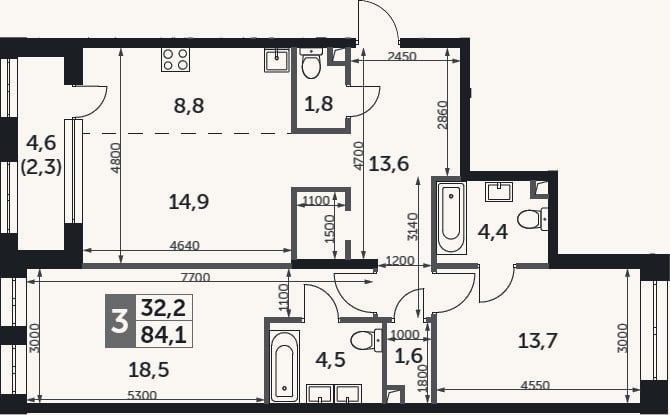 Планировка: 3-к, 81,8 м²
