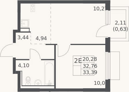 Планировка: 2-к, 32,8 м²