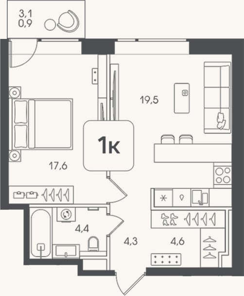 Планировка: 1-к, 50,4 м²