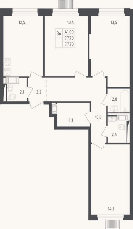Планировка: 3-к, 77,7 м²