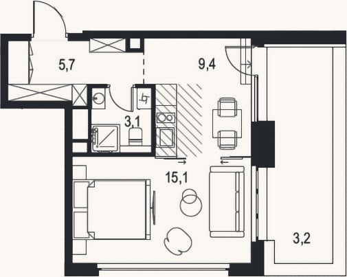 Планировка: 1-к, 33,3 м²