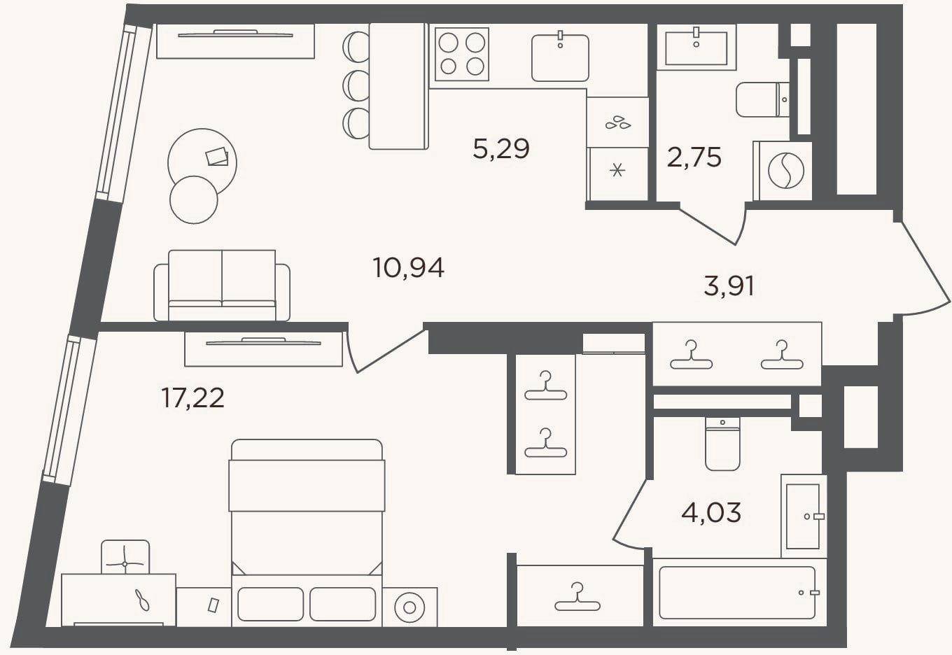 Планировка: 2-к, 44,1 м²
