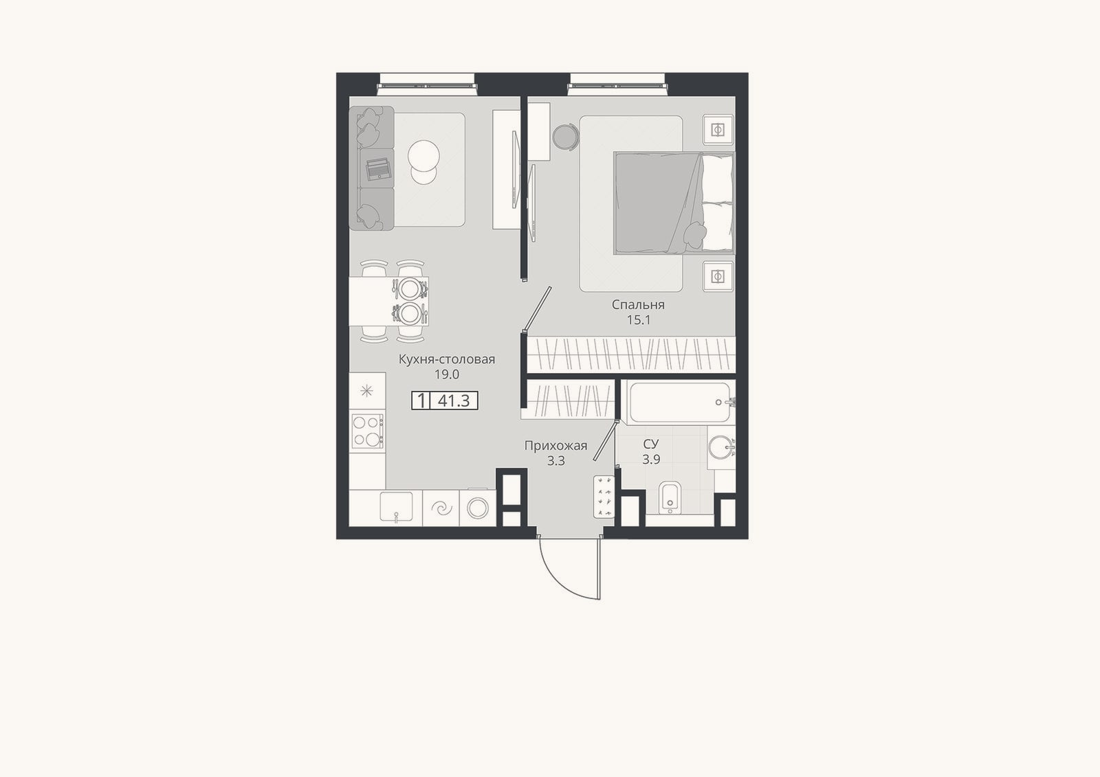 Планировка: 2-к, 41,3 м²