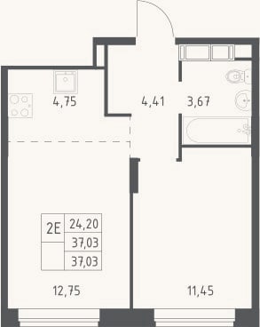 Планировка: 2-к, 37 м²