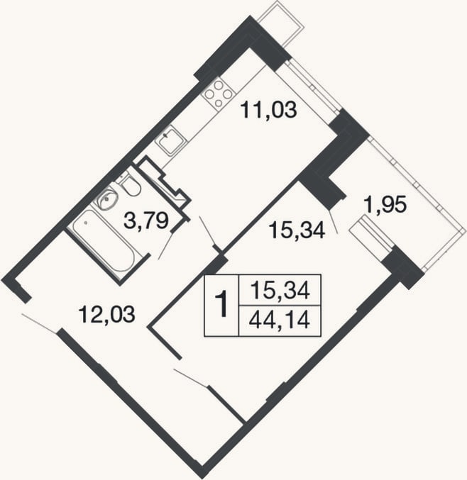 Планировка: 1-к, 42,2 м²