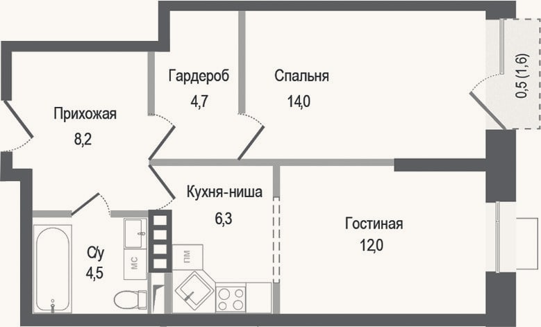 Планировка: 2-к, 49,7 м²