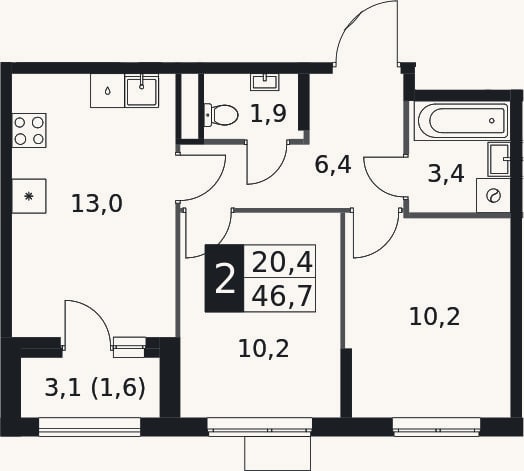 Планировка: 2-к, 45,1 м²