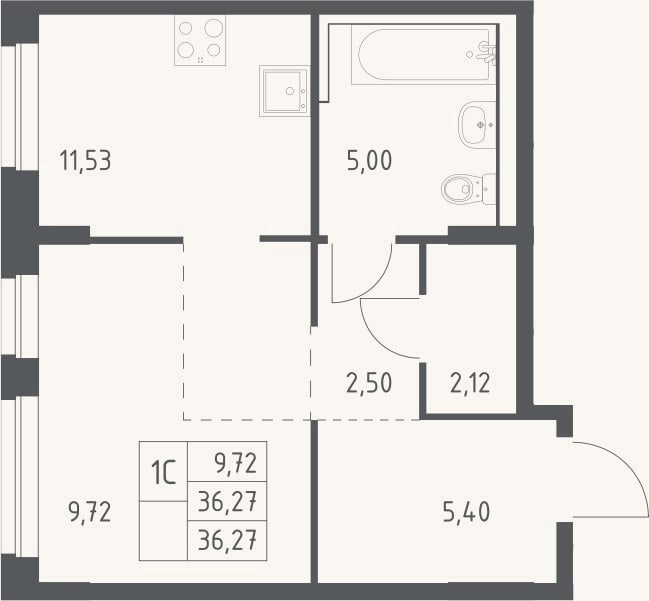 Планировка: 1-к, 36,3 м²