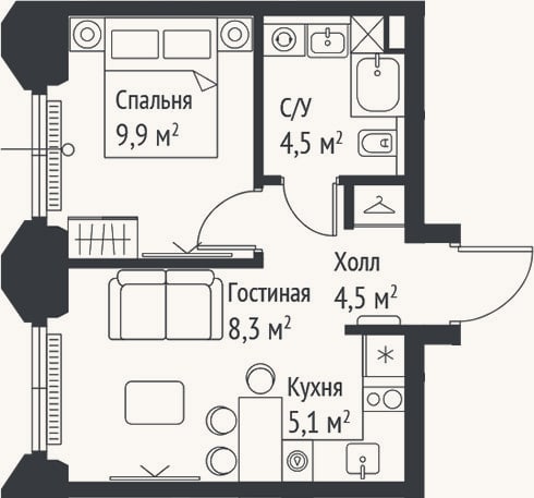 Планировка: 2-к, 32,2 м²
