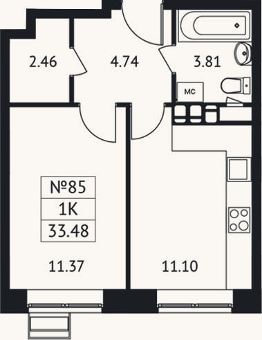 Планировка: 1-к, 33,5 м²