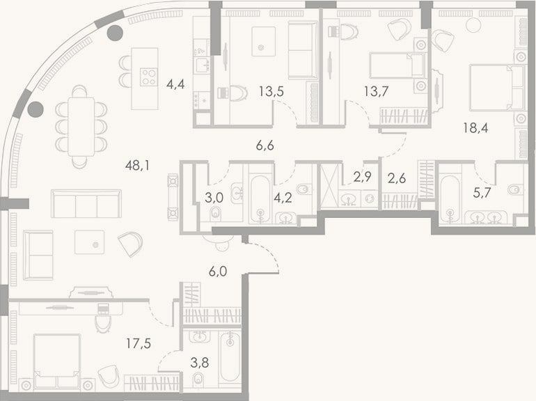 Планировка: 4+ к, 150,4 м²
