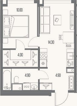 Планировка: 1-к, 38 м²