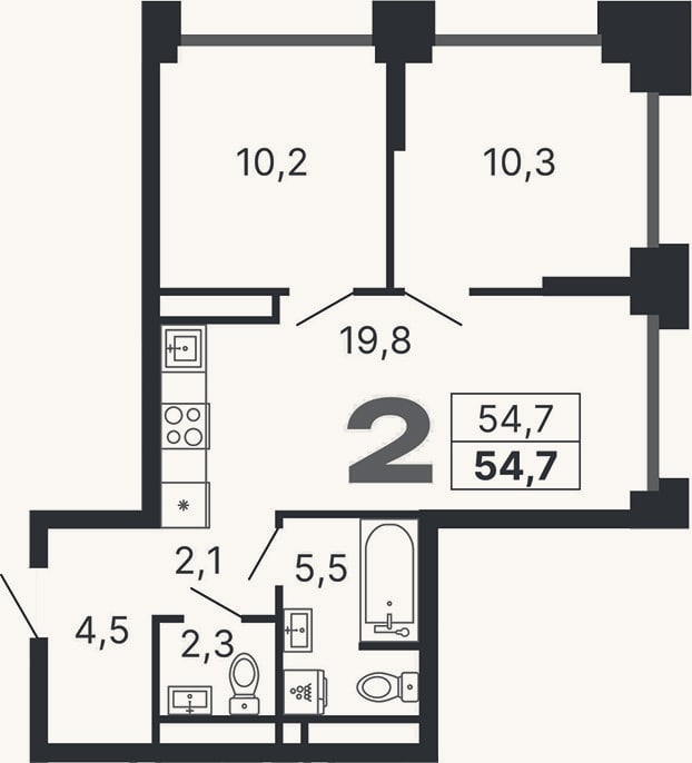 Планировка: 2-к, 54,7 м²