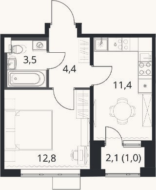 Планировка: 1-к, 32,1 м²