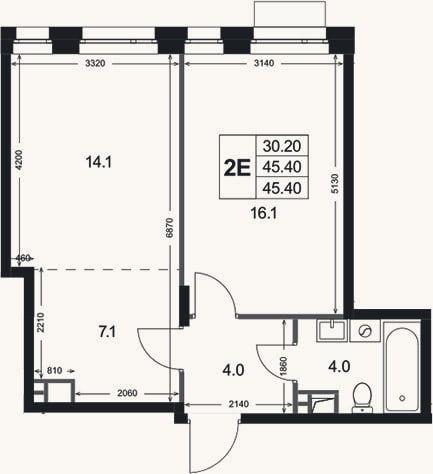 Планировка: 2-к, 45,4 м²