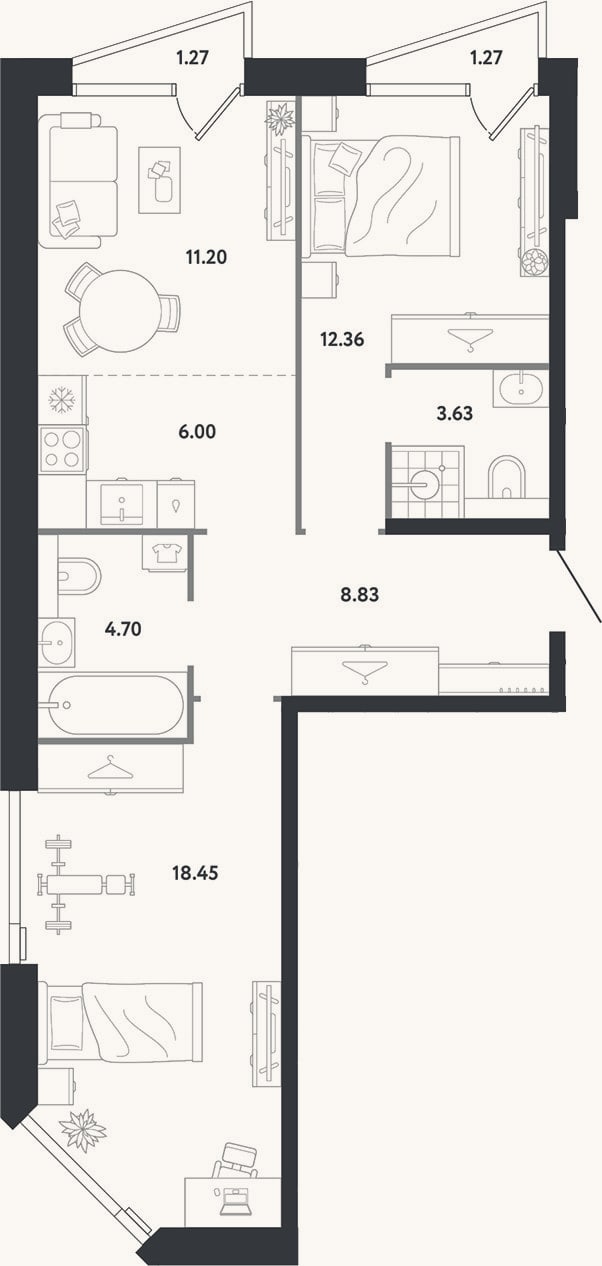 Планировка: 2-к, 65,2 м²