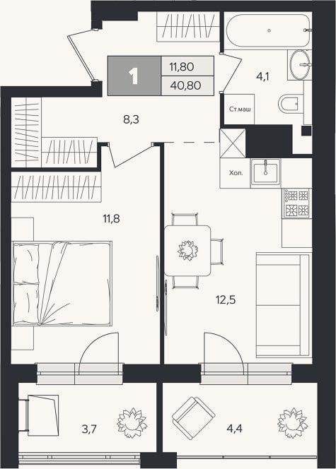 Планировка: 1-к, 36,8 м²