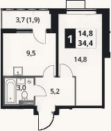 Планировка: 1-к, 32,5 м²