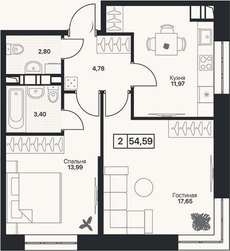 Планировка: 2-к, 54,6 м²