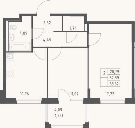 Планировка: 2-к, 52,4 м²