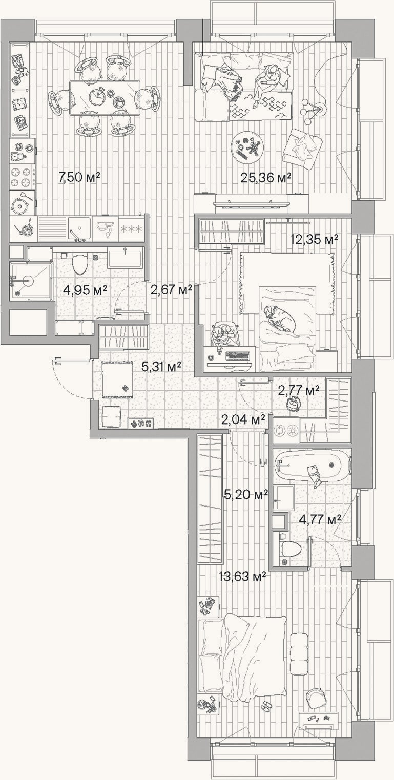 Планировка: 3-к, 86,6 м²