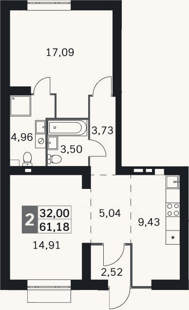 Планировка: 2-к, 61,2 м²
