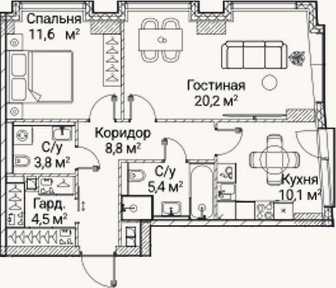 Планировка: 2-к, 64,4 м²