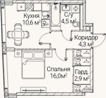 Планировка: 1-к, 38,3 м²