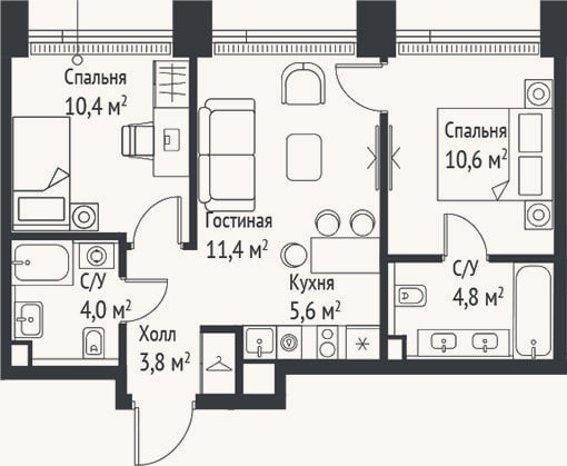Планировка: 3-к, 50,7 м²