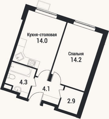 Планировка: 1-к, 39,5 м²